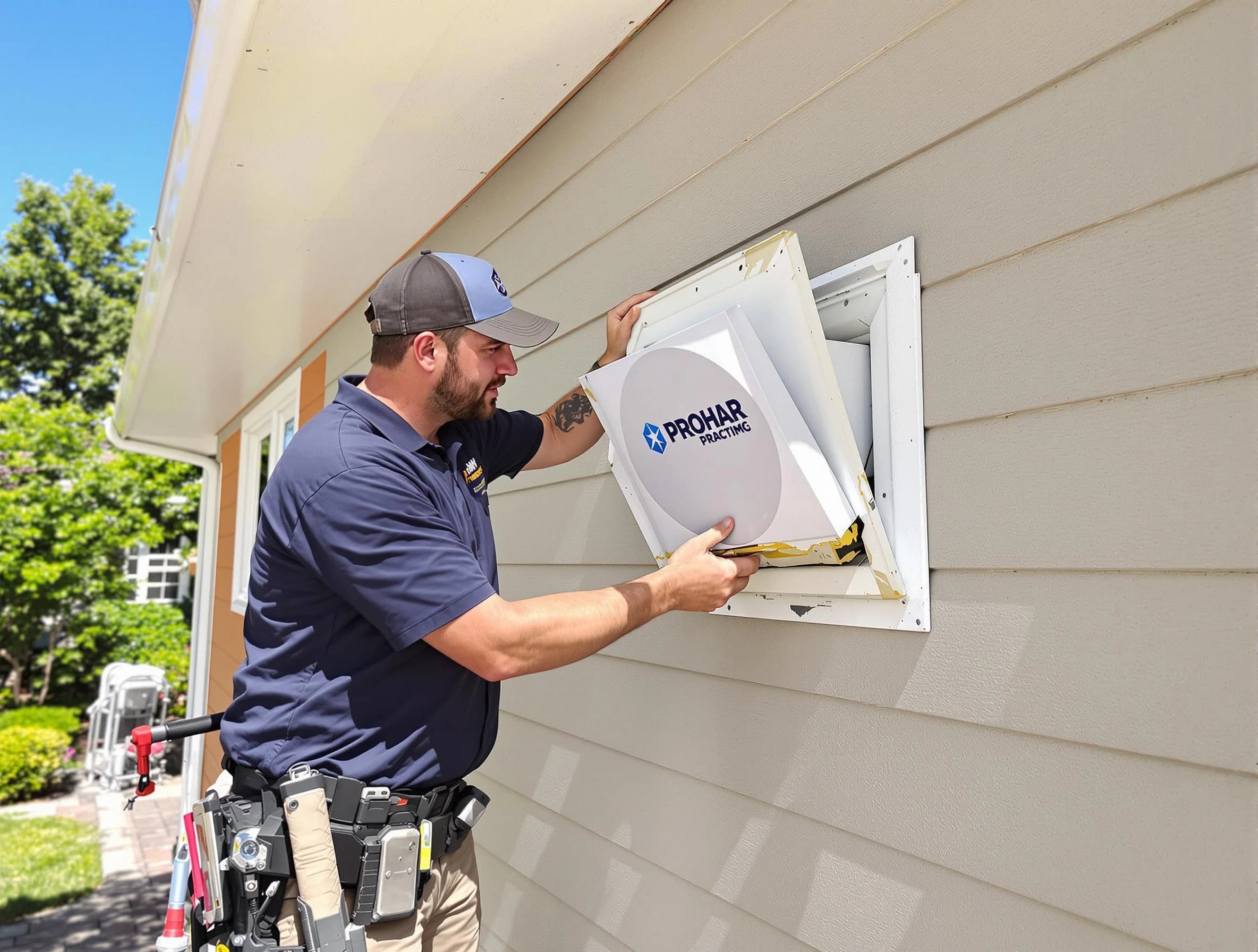 Spanish Fork Dryer Vent Cleaning technician installing a new protective dryer vent cover on a home in Spanish Fork