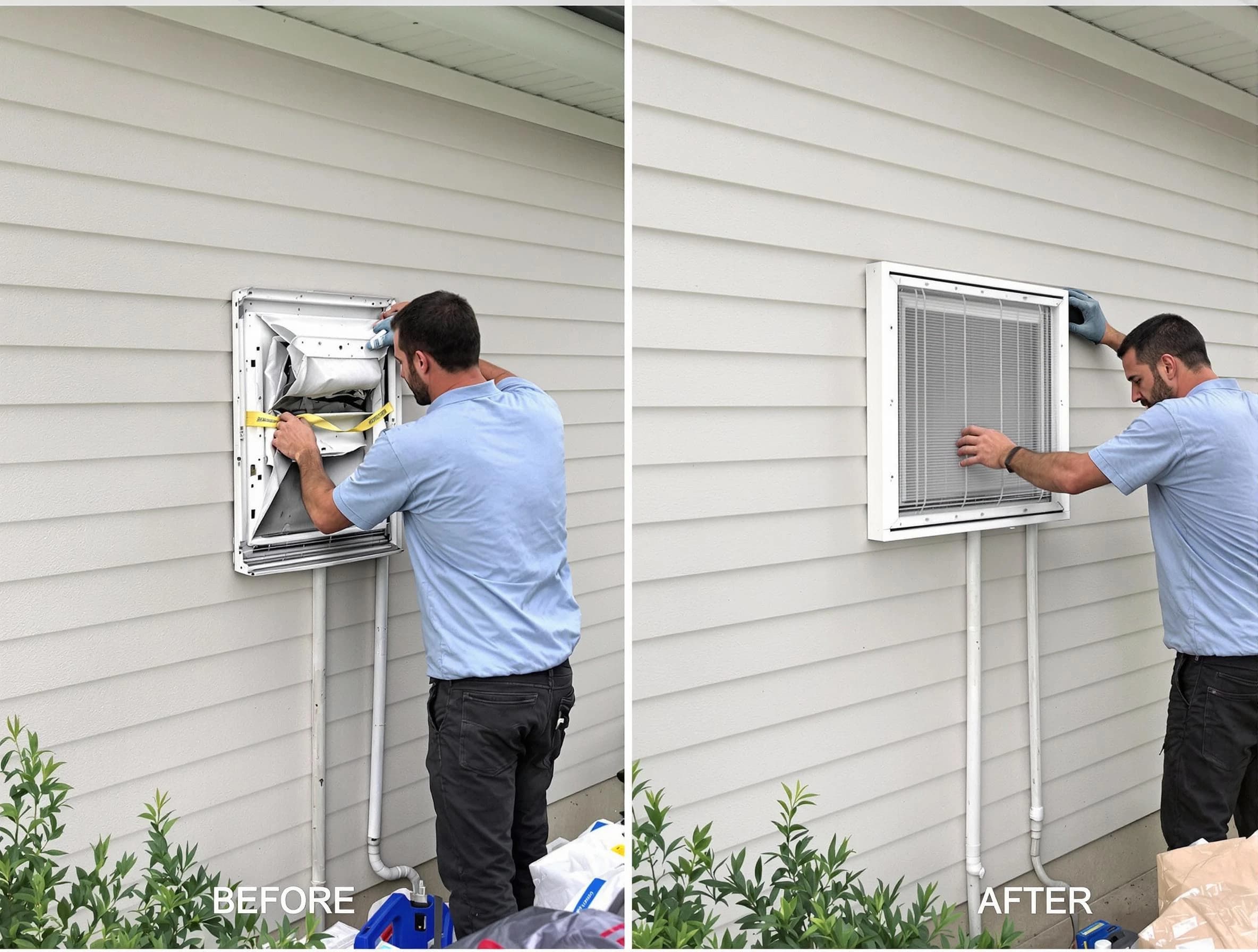 Spanish Fork Dryer Vent Cleaning technician installing high-quality dryer vent cover at a residential property in Spanish Fork