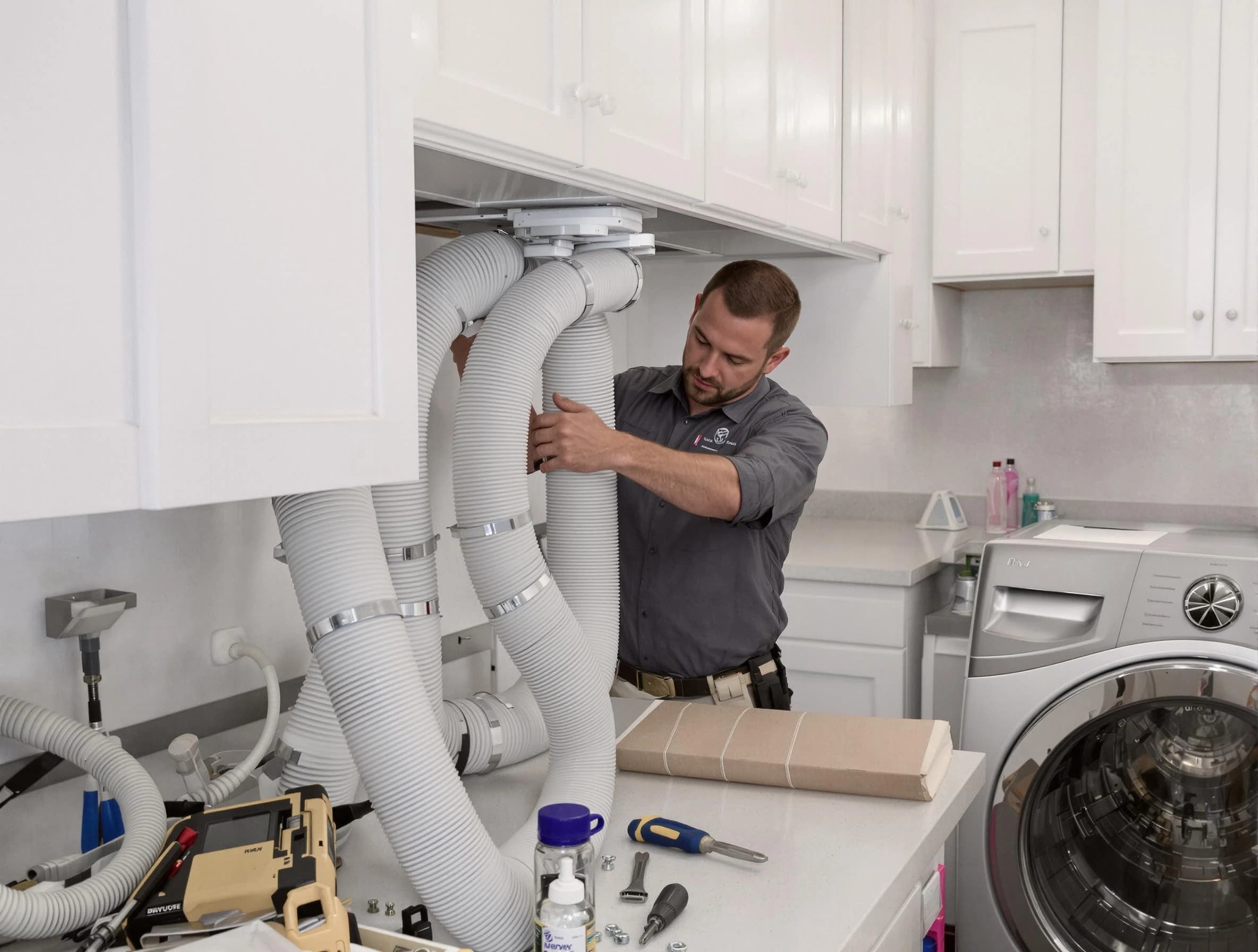 Spanish Fork Dryer Vent Cleaning technician installing a new professional-grade dryer vent hose in Spanish Fork