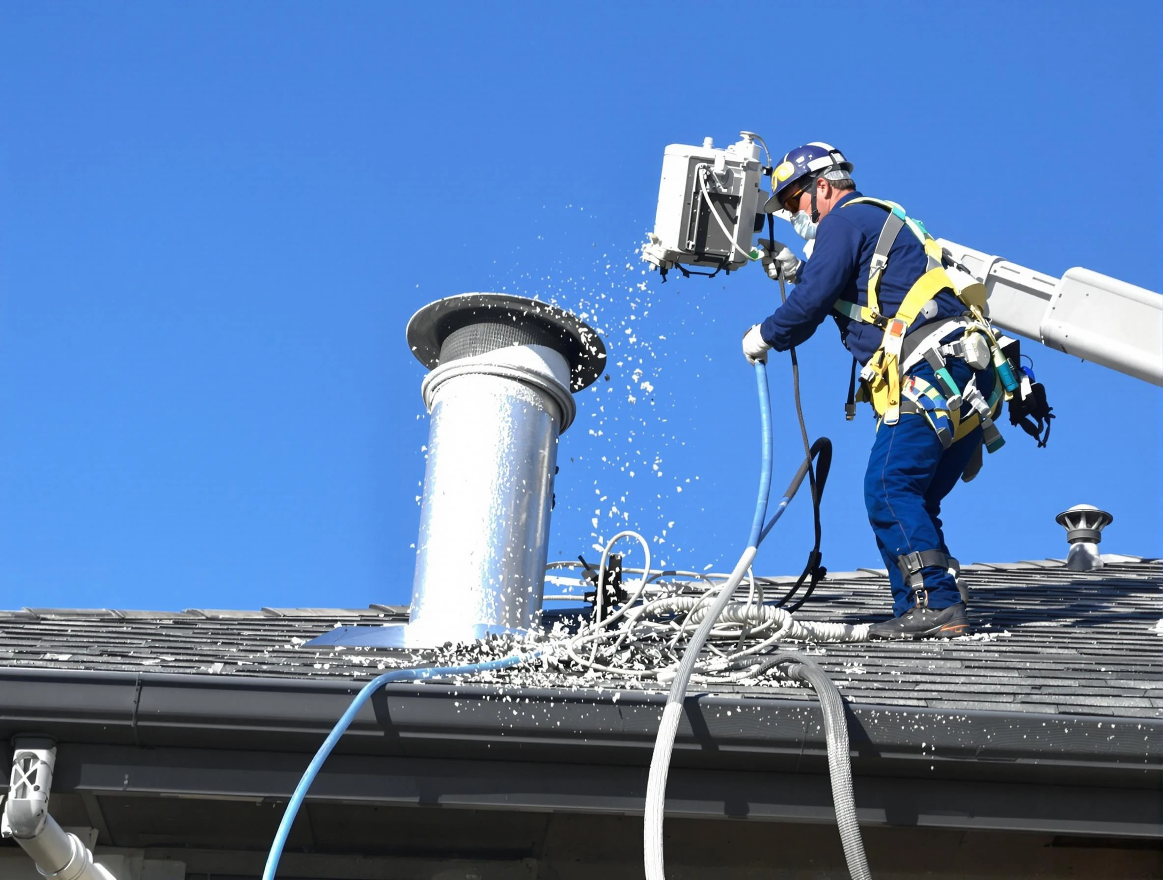Spanish Fork Dryer Vent Cleaning certified technician safely cleaning a roof-mounted dryer vent in Spanish Fork